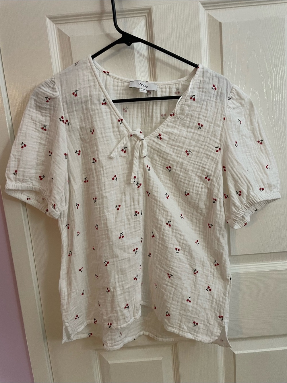 CeCe White Cherry-Print Tie Front Blouse